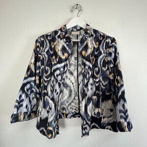 Chico's Womens Cotton Linen Blend Ikat Print Open Front  Jacket Size 3 Blue